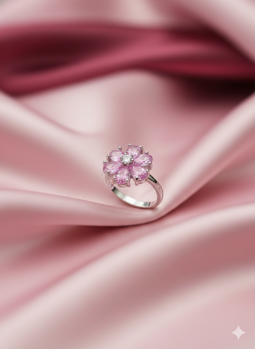 SILVROSE Pink Blossom Flower Ring – Silver Floral Statement Ring