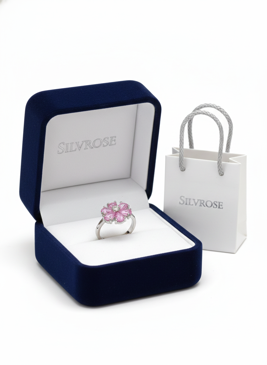 SILVROSE Pink Blossom Flower Ring – Silver Floral Statement Ring