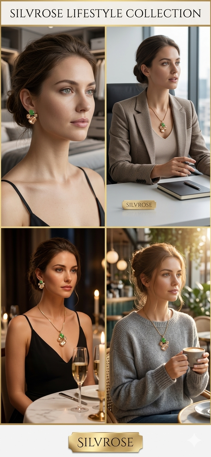 Elegant Green & Champagne Crystal Pendant Necklace & Earring Set