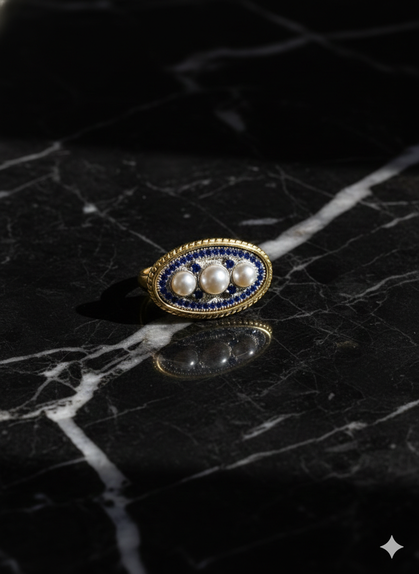 Empress Vintage Pearl & Sapphire Oval Ring | Art Deco Gold Cocktail Ring – SILVROSE