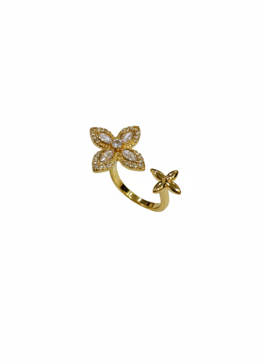 SILVROSE 18K Gold Plated Clover Blossom Adjustable Ring – Marquise CZ Open Cuff Ring