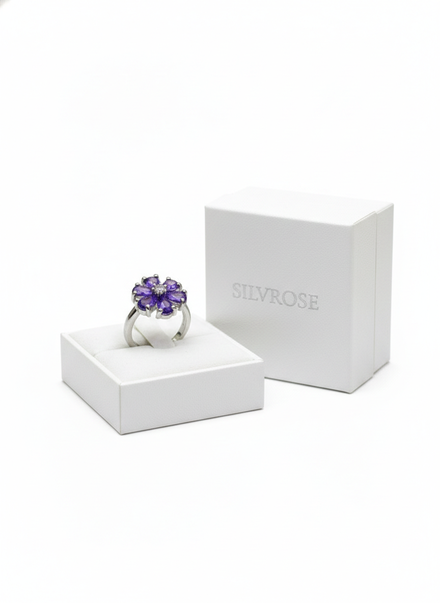 SILVROSE Violet Bloom Flower Ring – Silver Purple Floral Statement Ring