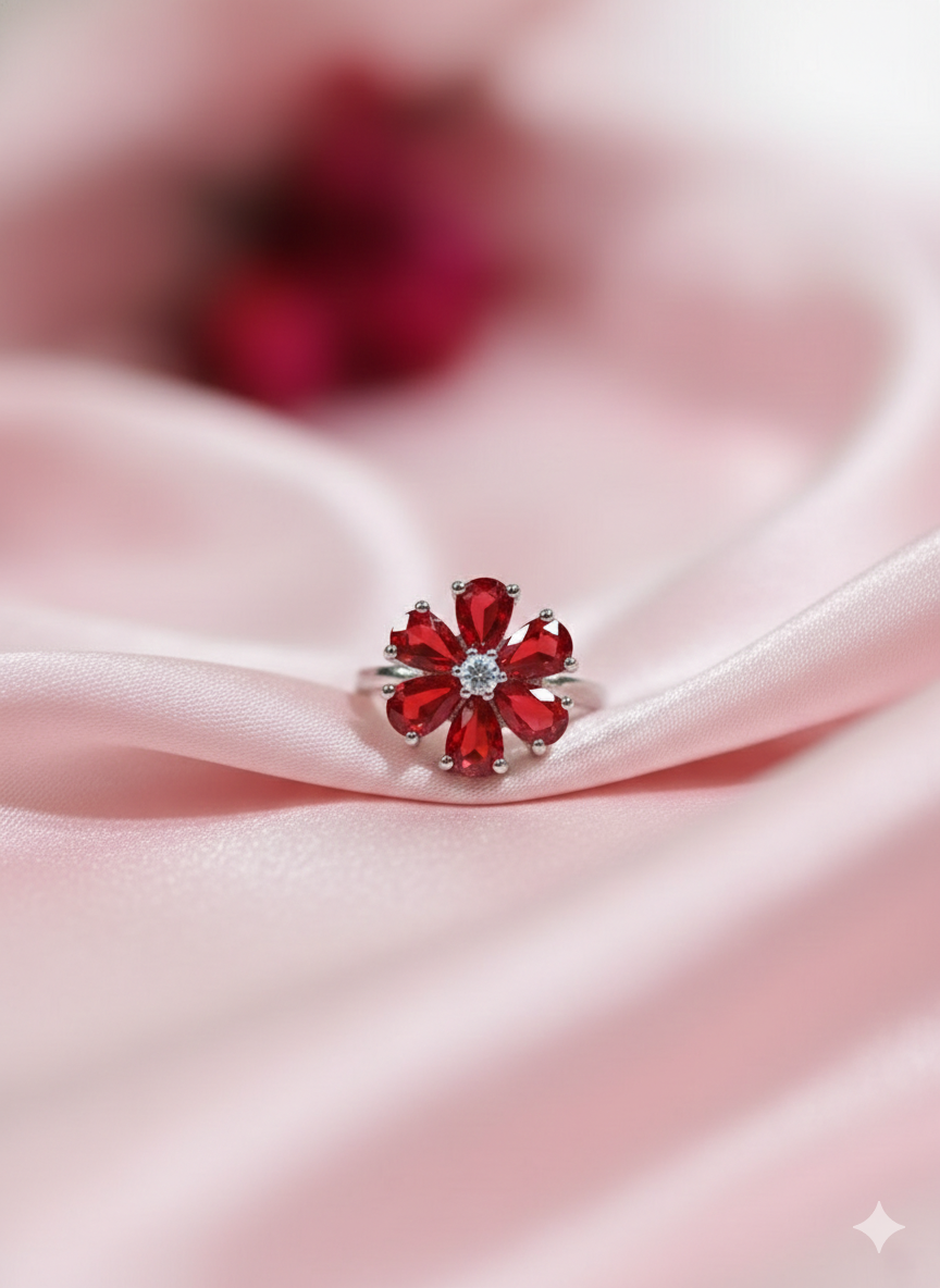 SILVROSE Crimson Blossom Flower Ring – Silver Red Floral Statement Ring