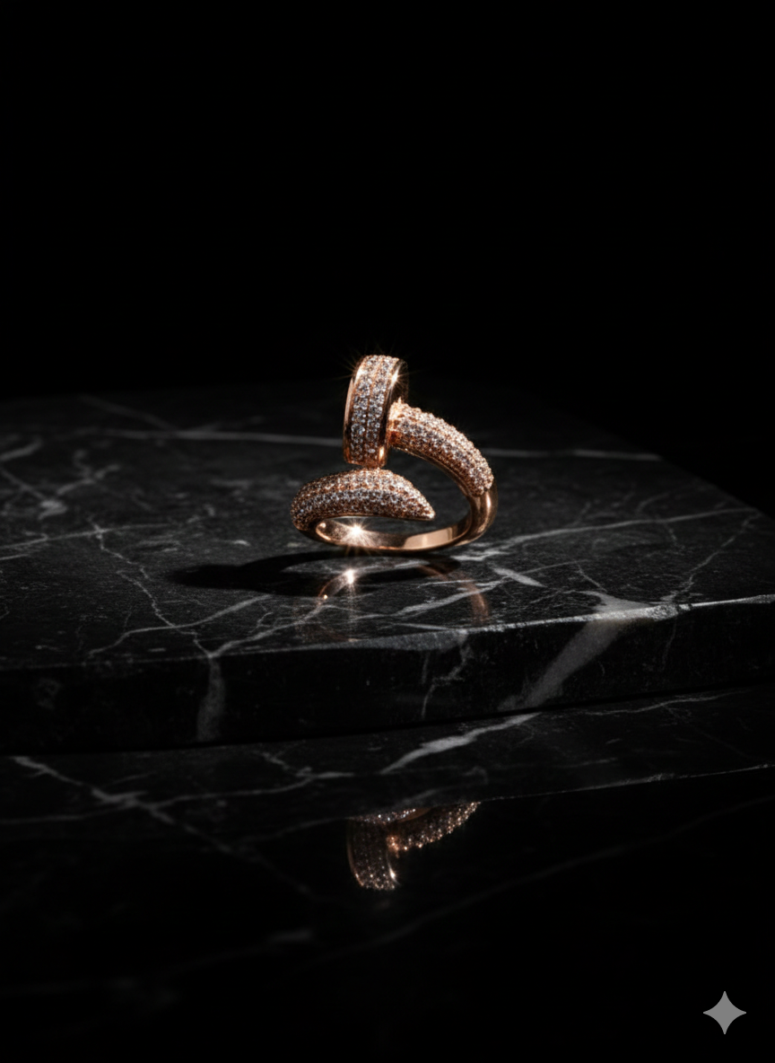 Rose Gold Pavé Nail Ring - Industrial Crystal Statement Band | SILVROSE