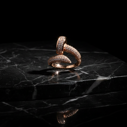 Rose Gold Pavé Nail Ring - Industrial Crystal Statement Band | SILVROSE