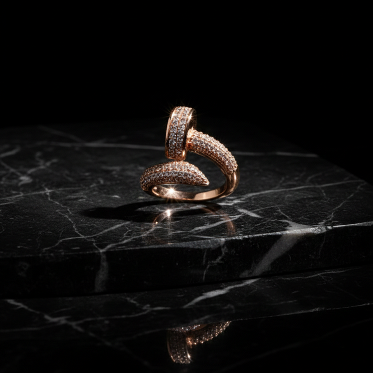 Rose Gold Pavé Nail Ring - Industrial Crystal Statement Band | SILVROSE