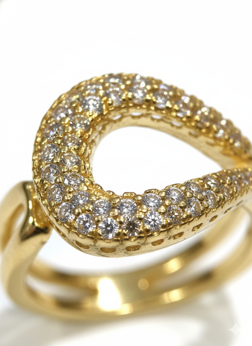 SILVROSE Sovereign Teardrop Statement Ring – Gold Plated Pave Cubic Zirconia Ring