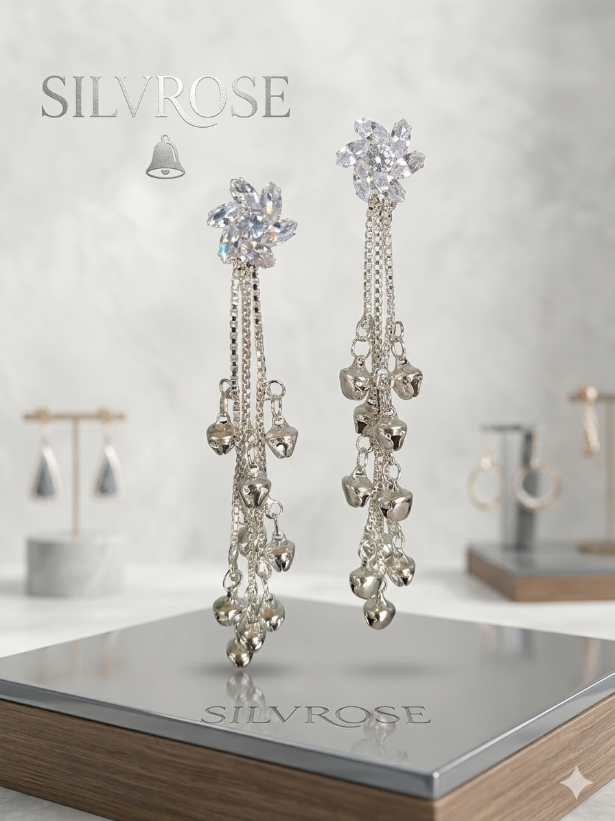 SILVROSE Elegant Chandelier Bell Earrings – Silver Drop Tassel Earrings with Starburst Crystals