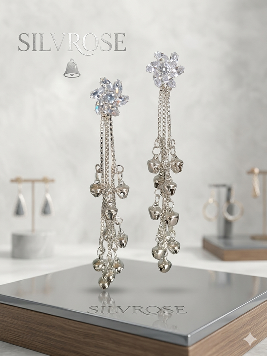 SILVROSE Elegant Chandelier Bell Earrings – Silver Drop Tassel Earrings with Starburst Crystals