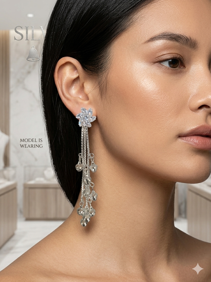 SILVROSE Elegant Chandelier Bell Earrings – Silver Drop Tassel Earrings with Starburst Crystals
