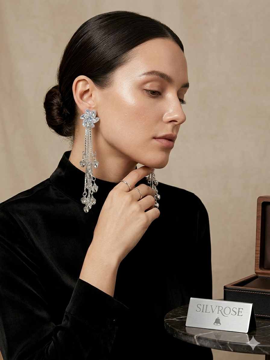 SILVROSE Elegant Chandelier Bell Earrings – Silver Drop Tassel Earrings with Starburst Crystals