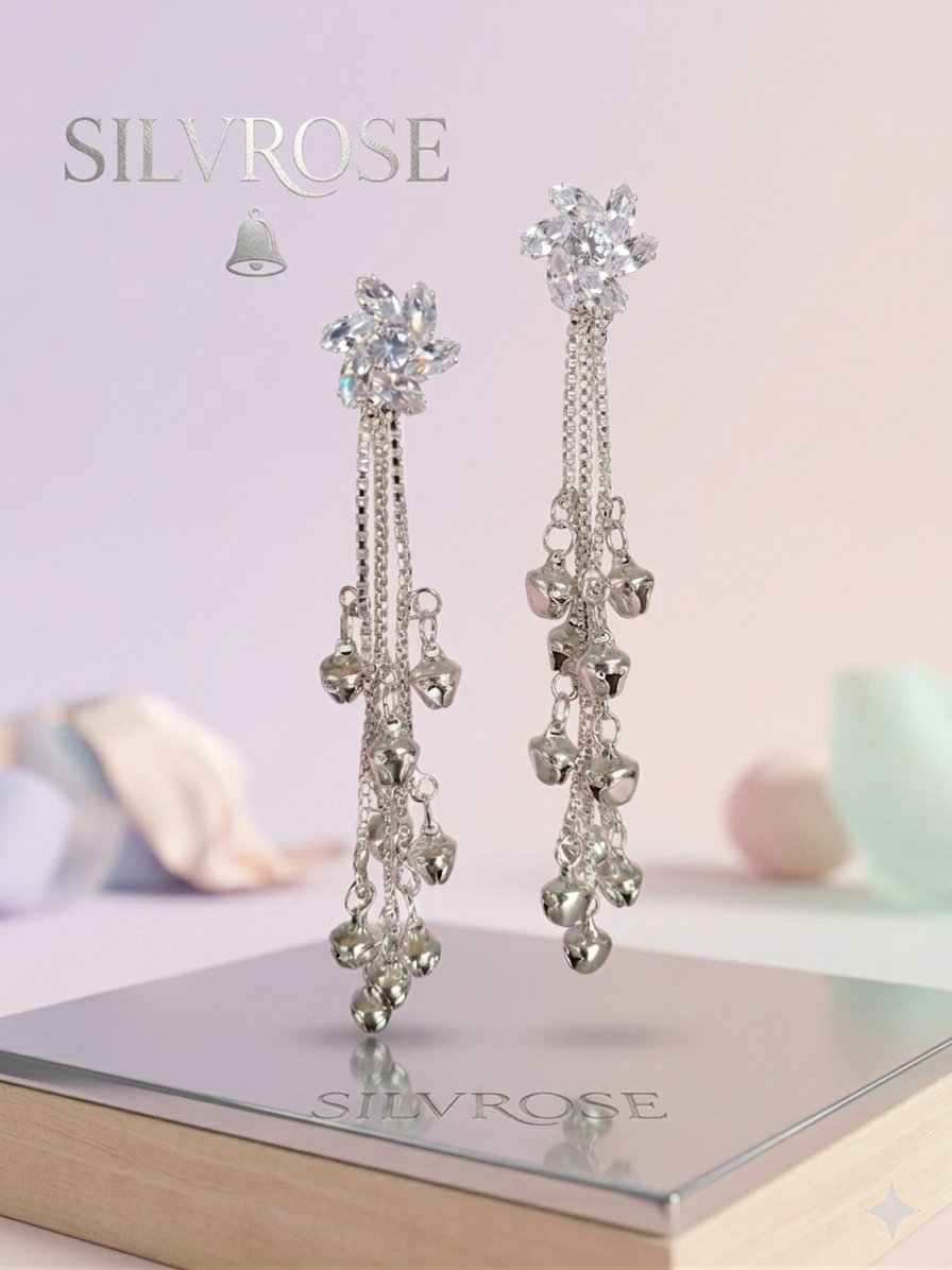 SILVROSE Elegant Chandelier Bell Earrings – Silver Drop Tassel Earrings with Starburst Crystals