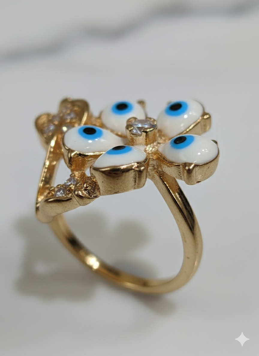 Gold-Plated Evil Eye Flower Ring with Crystal Center
