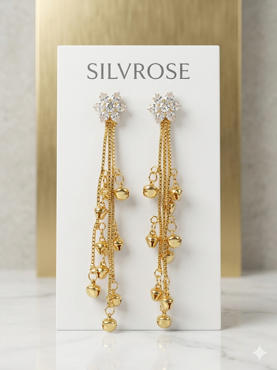 SILVROSE Lumina Blossom Cascading Bell Earrings | Gold Drop Tassel