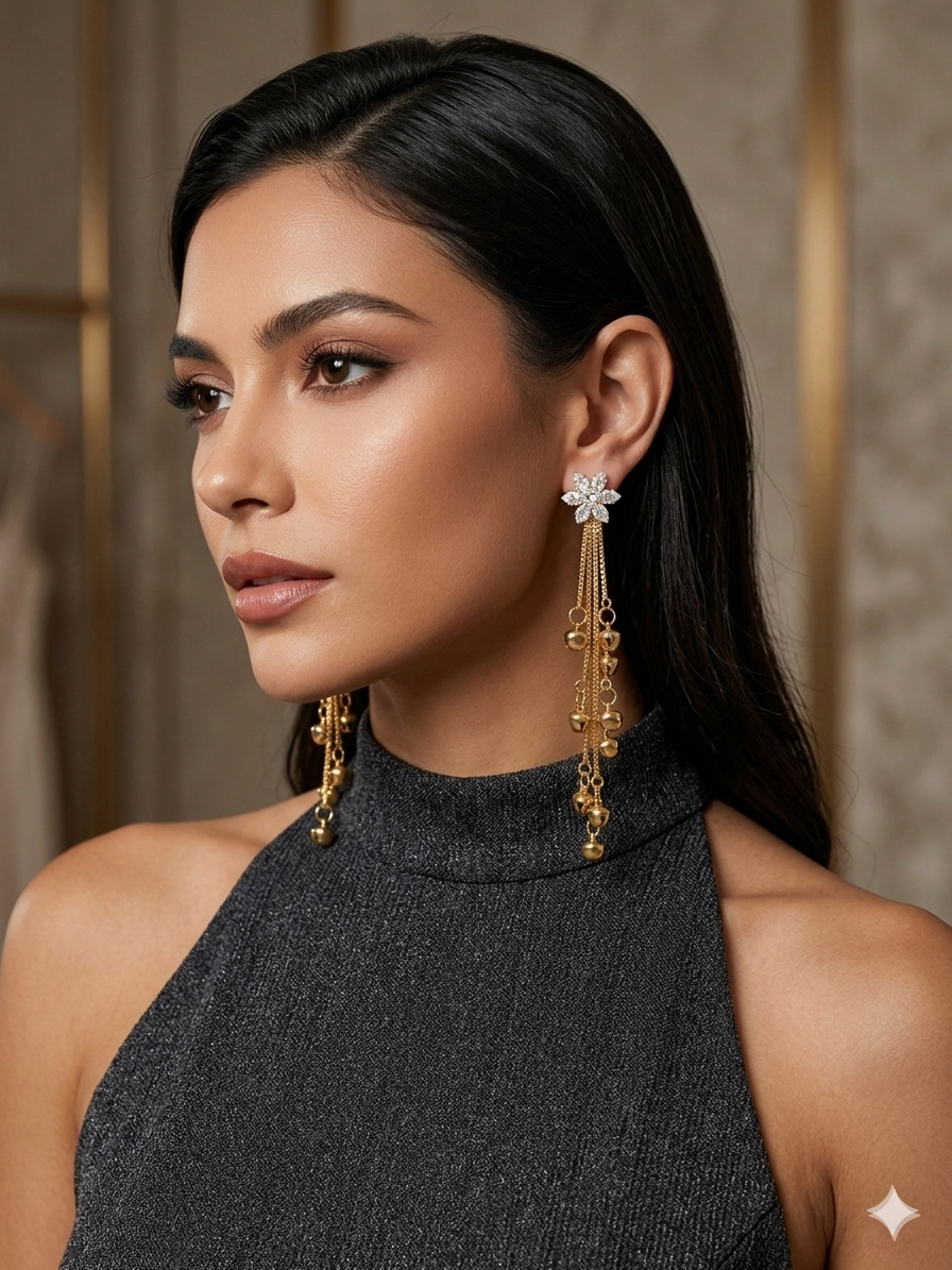 SILVROSE Lumina Blossom Cascading Bell Earrings | Gold Drop Tassel