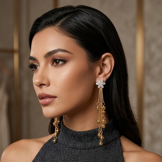 SILVROSE Lumina Blossom Cascading Bell Earrings | Gold Drop Tassel