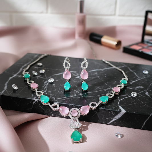 Dual-Tone Emerald Green & Pink Gemstone Jewellery Set | Aurora Jewels Necklace & Earrings