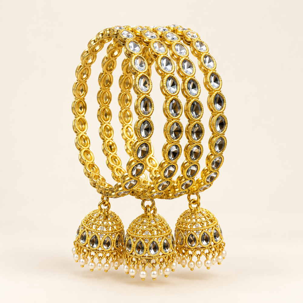 Gold-Tone Teardrop Stone Bangles with Jhumka Charms & Pearl Drops