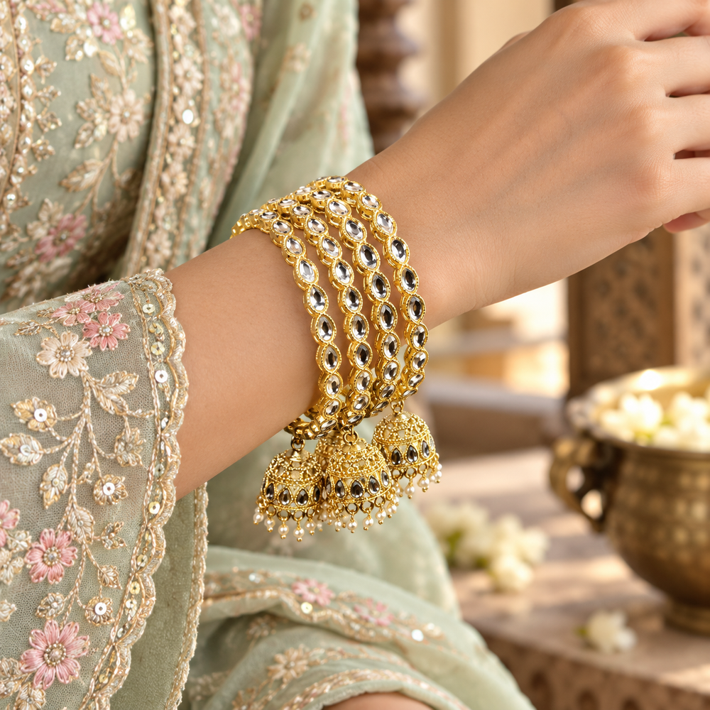 Gold-Tone Teardrop Stone Bangles with Jhumka Charms & Pearl Drops