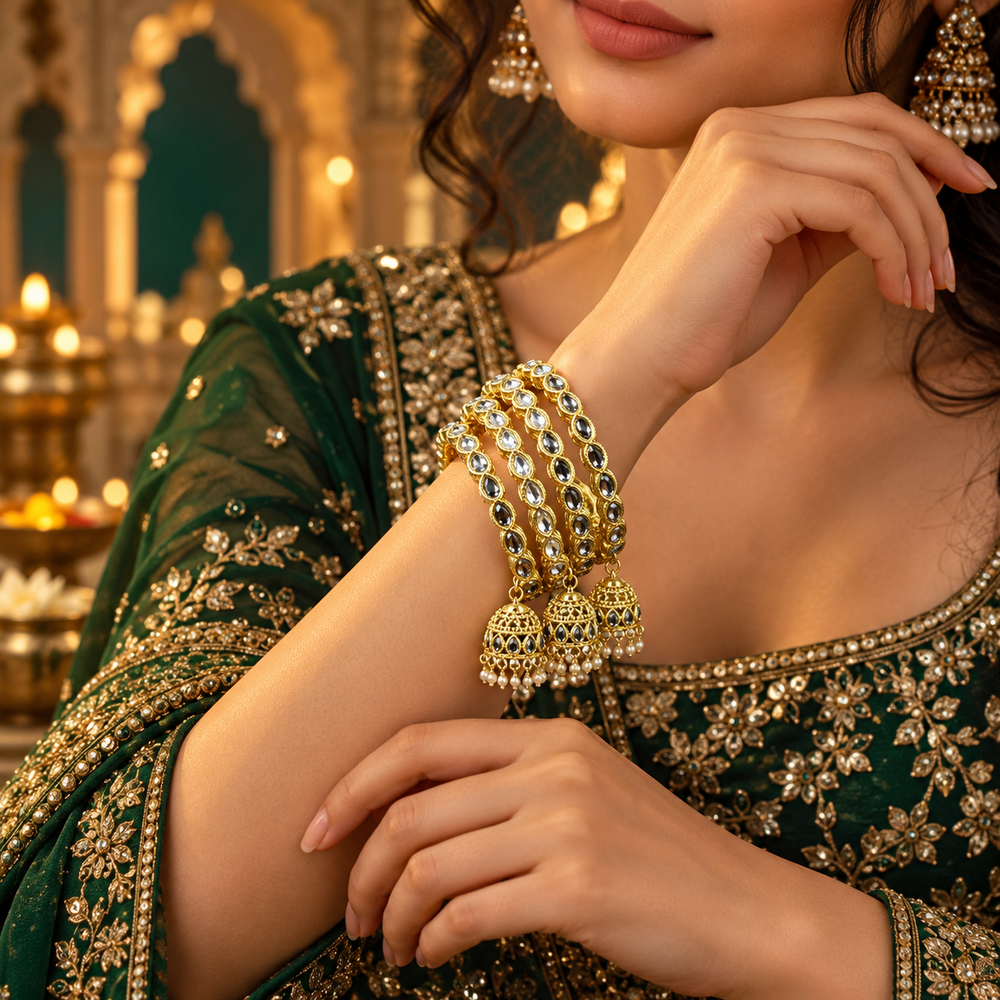 Gold-Tone Teardrop Stone Bangles with Jhumka Charms & Pearl Drops