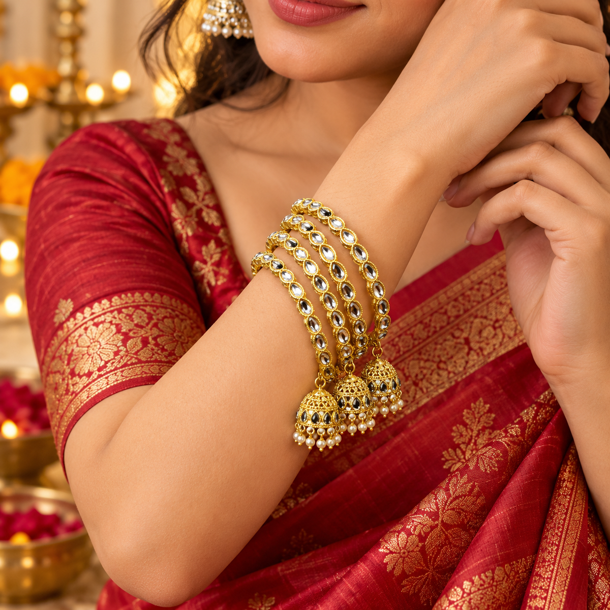 Gold-Tone Teardrop Stone Bangles with Jhumka Charms & Pearl Drops