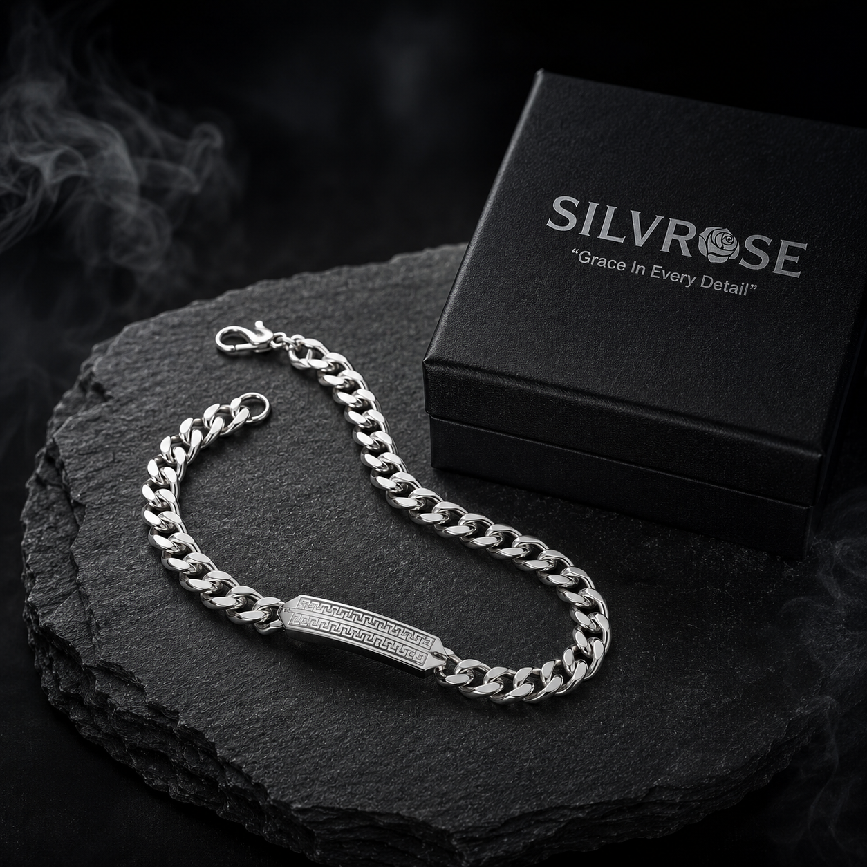 SILVROSE Men's Stainless Steel ID Chain Bracelet | Silver Finish