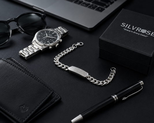 SILVROSE Men's Stainless Steel ID Chain Bracelet | Silver Finish