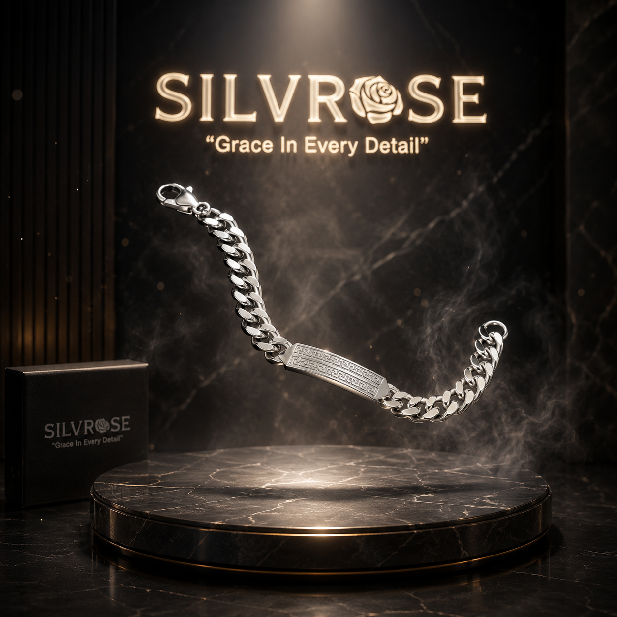 SILVROSE Men's Stainless Steel ID Chain Bracelet | Silver Finish