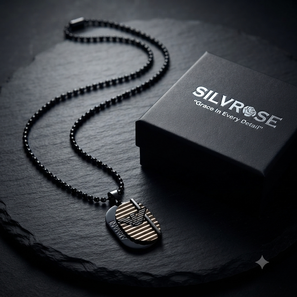 SILVROSE Black Dog Tag Pendant Necklace for Men & Boys | Premium Black Bead Chain with Designer Eagle Pendant | Stainless Steel Fashion Jewellery for Daily Wear & Gifting