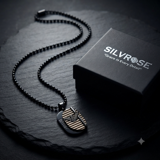 SILVROSE Black Dog Tag Pendant Necklace for Men & Boys | Premium Black Bead Chain with Designer Eagle Pendant | Stainless Steel Fashion Jewellery for Daily Wear & Gifting