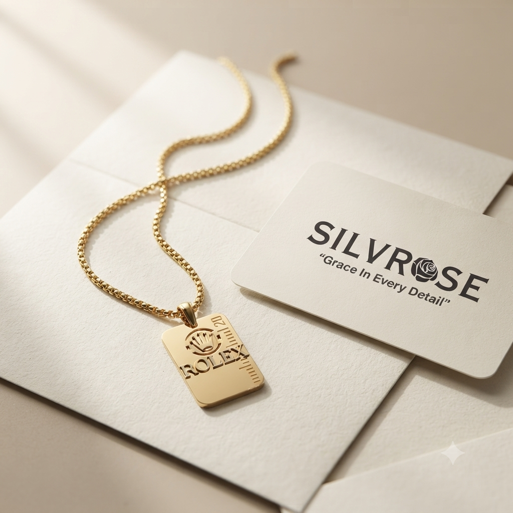 SILVROSE Gold Plated Crown Logo Rectangle Pendant Necklace for Men & Boys | Premium Box Chain | Luxury Fashion Jewellery for Daily Wear, Party Wear & Gifting