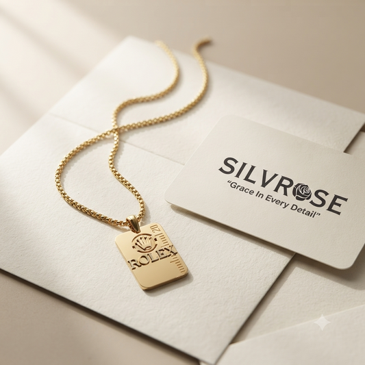 SILVROSE Gold Plated Crown Logo Rectangle Pendant Necklace for Men & Boys | Premium Box Chain | Luxury Fashion Jewellery for Daily Wear, Party Wear & Gifting
