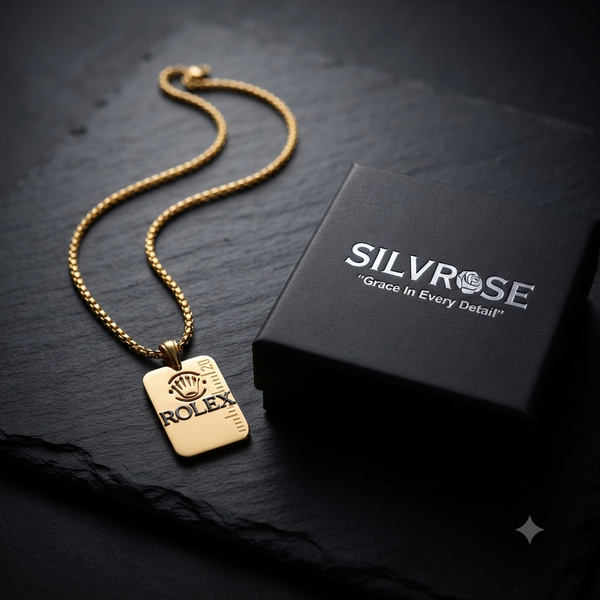 SILVROSE Gold Plated Crown Logo Rectangle Pendant Necklace for Men & Boys | Premium Box Chain | Luxury Fashion Jewellery for Daily Wear, Party Wear & Gifting