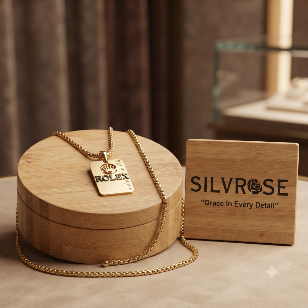 SILVROSE Gold Plated Crown Logo Rectangle Pendant Necklace for Men & Boys | Premium Box Chain | Luxury Fashion Jewellery for Daily Wear, Party Wear & Gifting