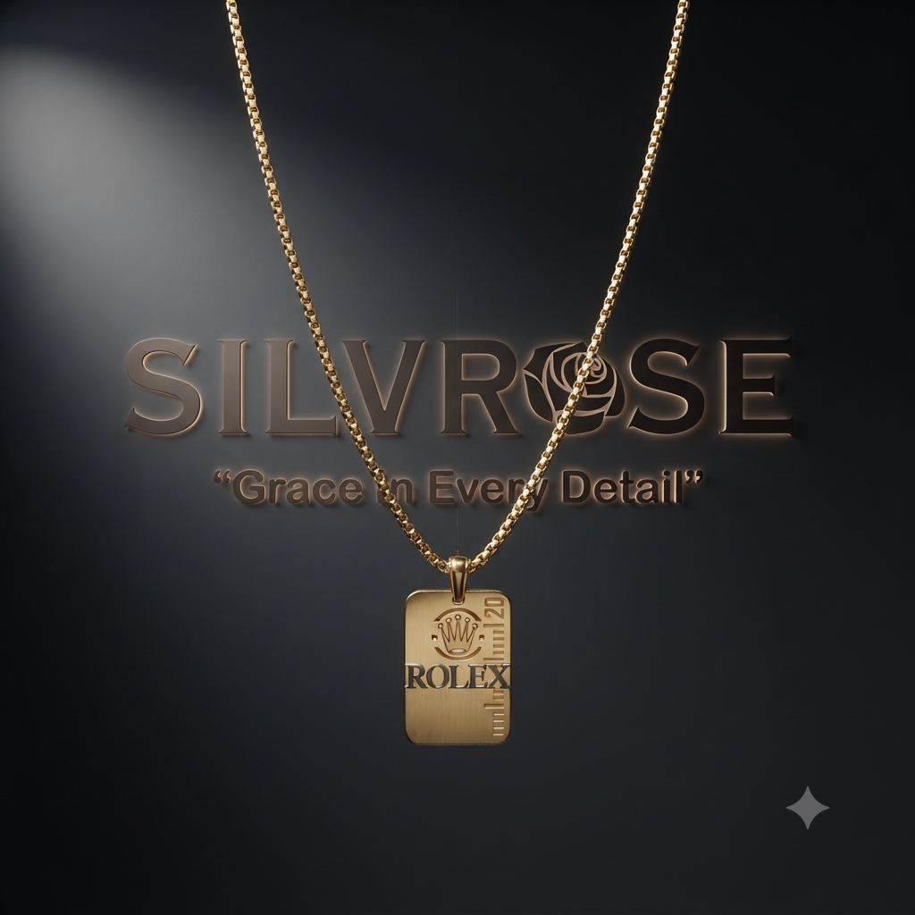 SILVROSE Gold Plated Crown Logo Rectangle Pendant Necklace for Men & Boys | Premium Box Chain | Luxury Fashion Jewellery for Daily Wear, Party Wear & Gifting
