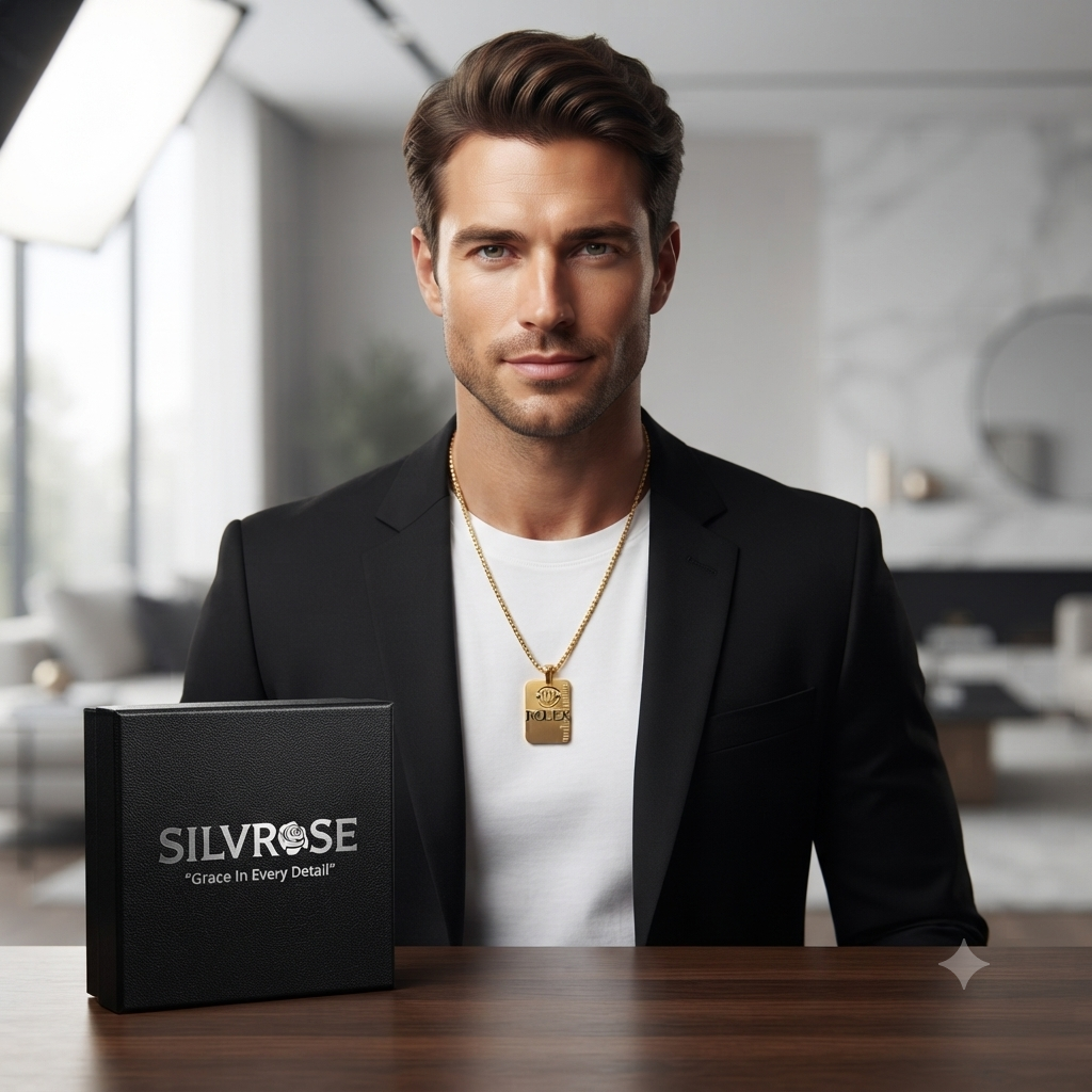 SILVROSE Gold Plated Crown Logo Rectangle Pendant Necklace for Men & Boys | Premium Box Chain | Luxury Fashion Jewellery for Daily Wear, Party Wear & Gifting
