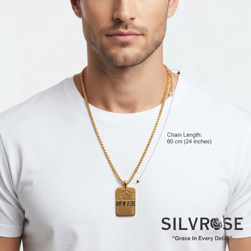 SILVROSE Gold Plated Crown Logo Rectangle Pendant Necklace for Men & Boys | Premium Box Chain | Luxury Fashion Jewellery for Daily Wear, Party Wear & Gifting