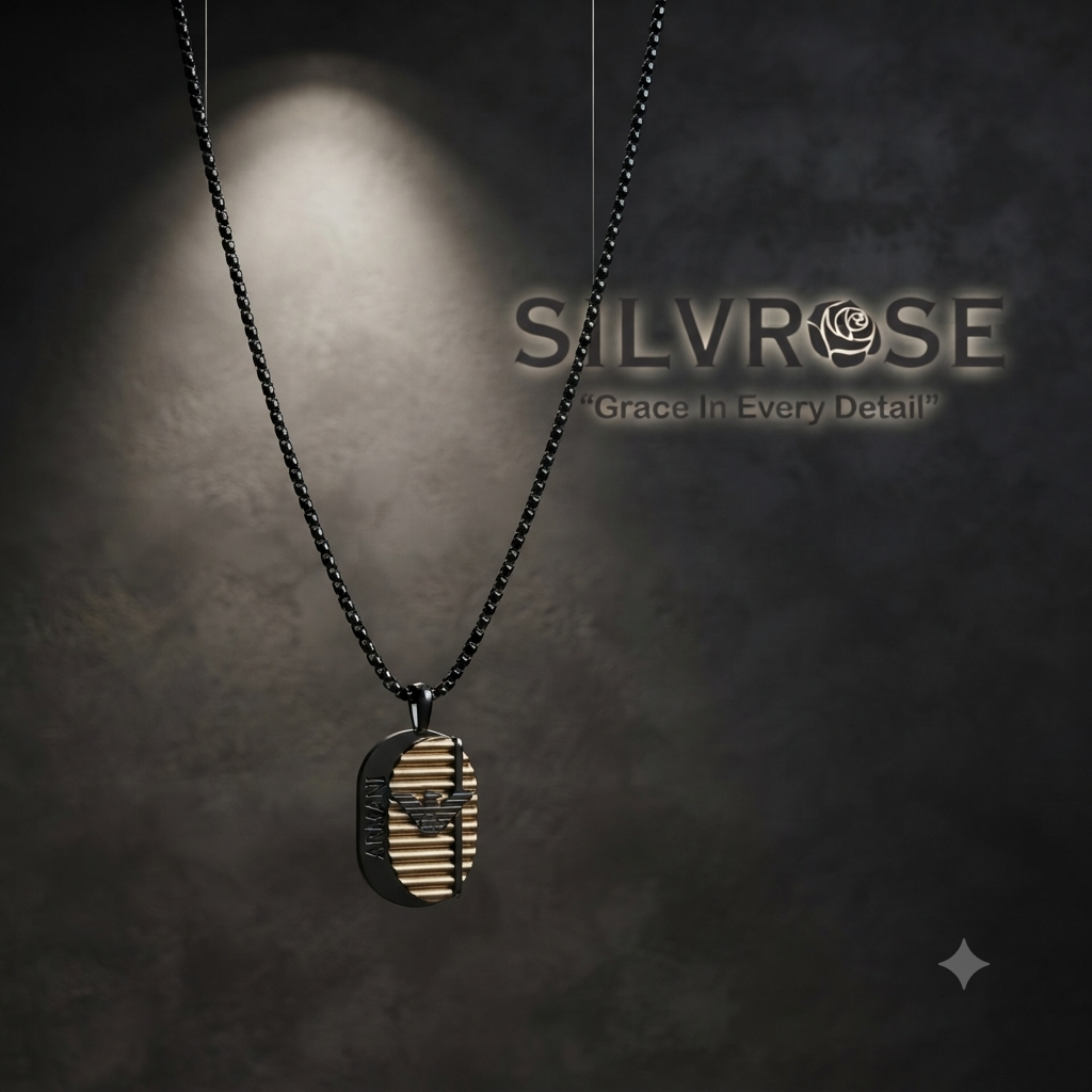 SILVROSE Black Dog Tag Pendant Necklace for Men & Boys | Premium Black Bead Chain with Designer Eagle Pendant | Stainless Steel Fashion Jewellery for Daily Wear & Gifting