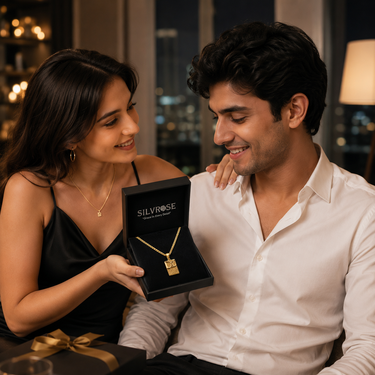 SILVROSE Gold Plated Luxury Rectangle Pendant Necklace for Men & Boys | Premium Box Chain with Designer Pendant | Fashion Jewellery for Daily Wear, Party Wear & Gifting