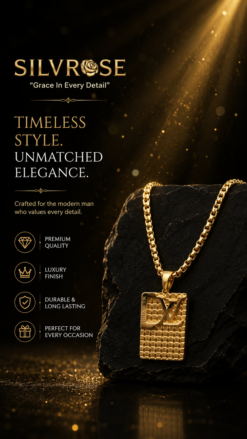 SILVROSE Gold Plated Luxury Rectangle Pendant Necklace for Men & Boys | Premium Box Chain with Designer Pendant | Fashion Jewellery for Daily Wear, Party Wear & Gifting
