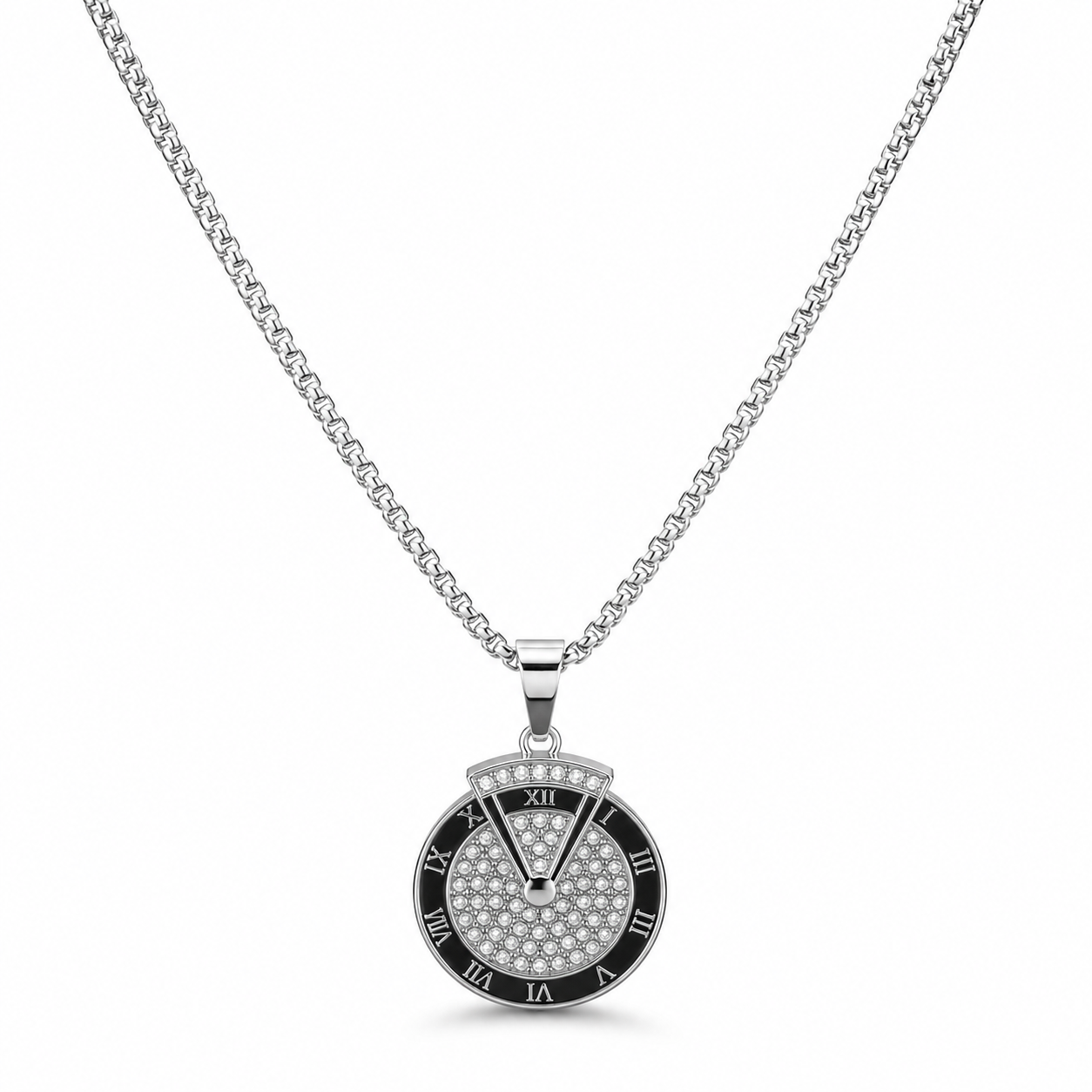 SILVROSE Men's Roman Numeral Crystal Pendant Necklace | Premium Silver Plated Round Pendant with Box Chain | Stylish Fashion Jewellery for Men & Boys | Gift for Birthday, Anniversary & Daily Wear