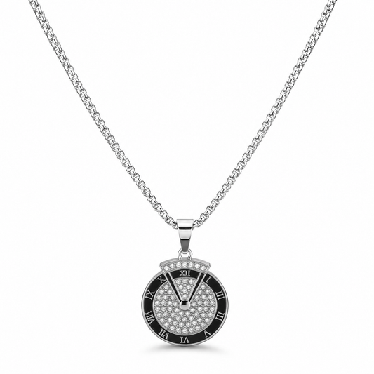 SILVROSE Men's Roman Numeral Crystal Pendant Necklace | Premium Silver Plated Round Pendant with Box Chain | Stylish Fashion Jewellery for Men & Boys | Gift for Birthday, Anniversary & Daily Wear