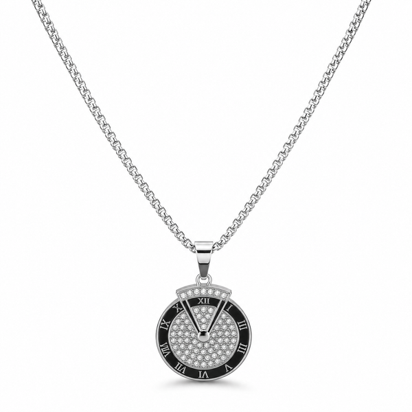 SILVROSE Men's Roman Numeral Crystal Pendant Necklace | Premium Silver Plated Round Pendant with Box Chain | Stylish Fashion Jewellery for Men & Boys | Gift for Birthday, Anniversary & Daily Wear