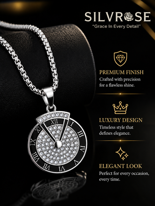 SILVROSE Men's Roman Numeral Crystal Pendant Necklace | Premium Silver Plated Round Pendant with Box Chain | Stylish Fashion Jewellery for Men & Boys | Gift for Birthday, Anniversary & Daily Wear
