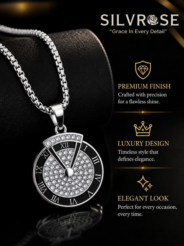 SILVROSE Men's Roman Numeral Crystal Pendant Necklace | Premium Silver Plated Round Pendant with Box Chain | Stylish Fashion Jewellery for Men & Boys | Gift for Birthday, Anniversary & Daily Wear
