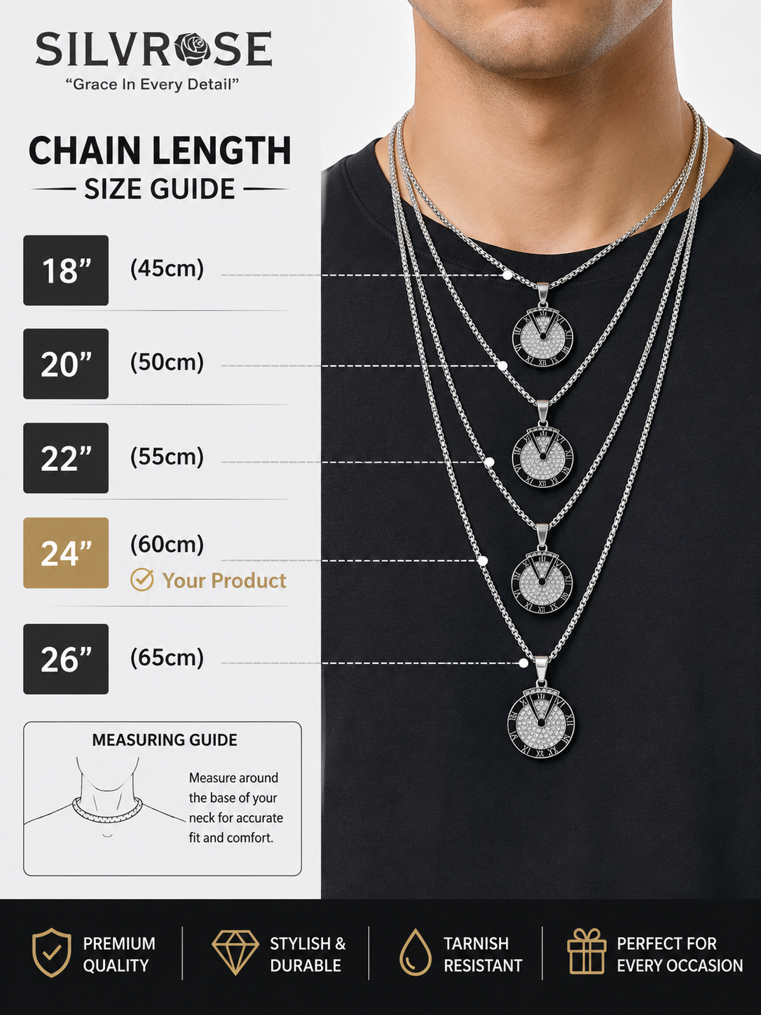 SILVROSE Men's Roman Numeral Crystal Pendant Necklace | Premium Silver Plated Round Pendant with Box Chain | Stylish Fashion Jewellery for Men & Boys | Gift for Birthday, Anniversary & Daily Wear