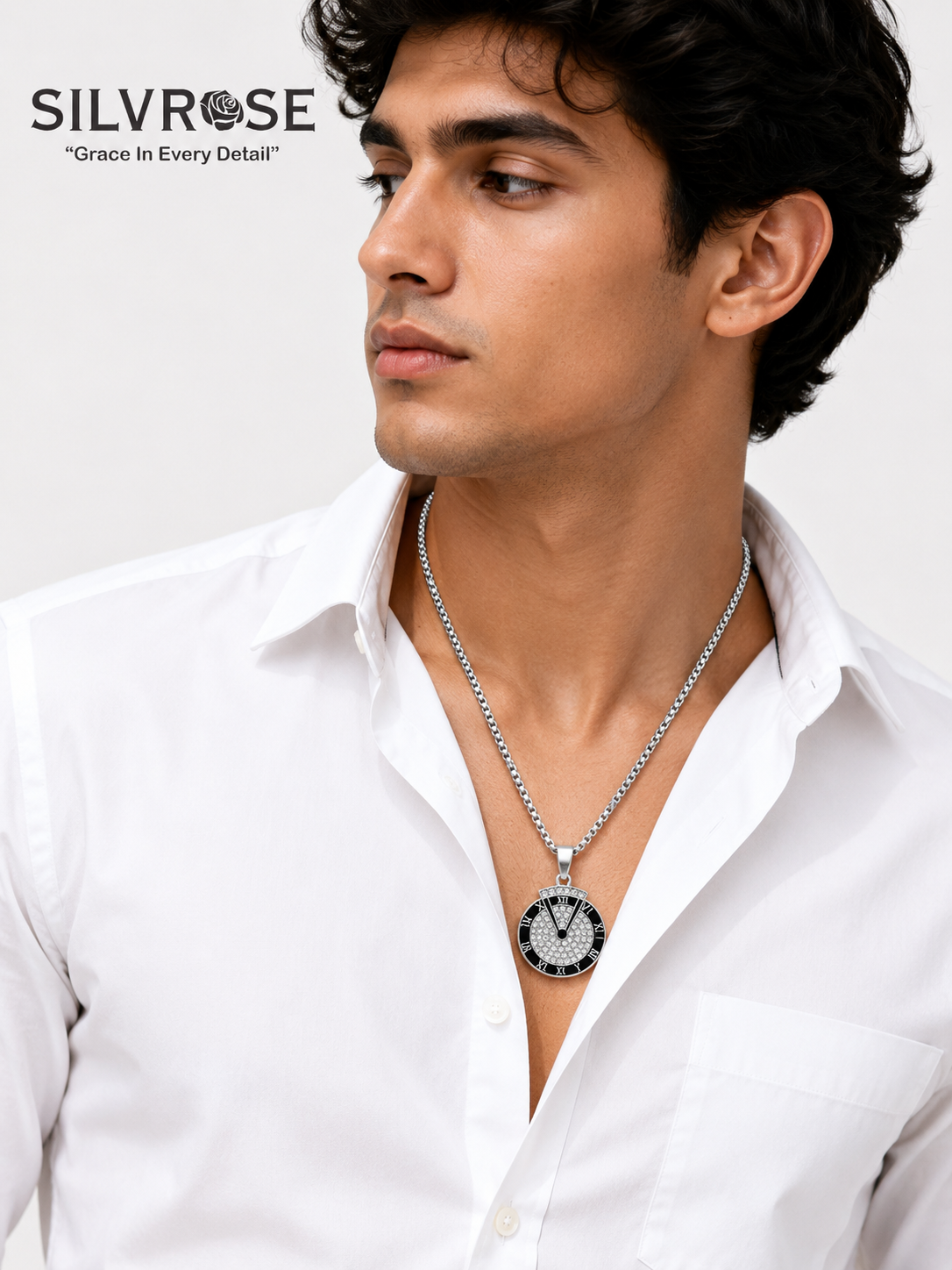 SILVROSE Men's Roman Numeral Crystal Pendant Necklace | Premium Silver Plated Round Pendant with Box Chain | Stylish Fashion Jewellery for Men & Boys | Gift for Birthday, Anniversary & Daily Wear