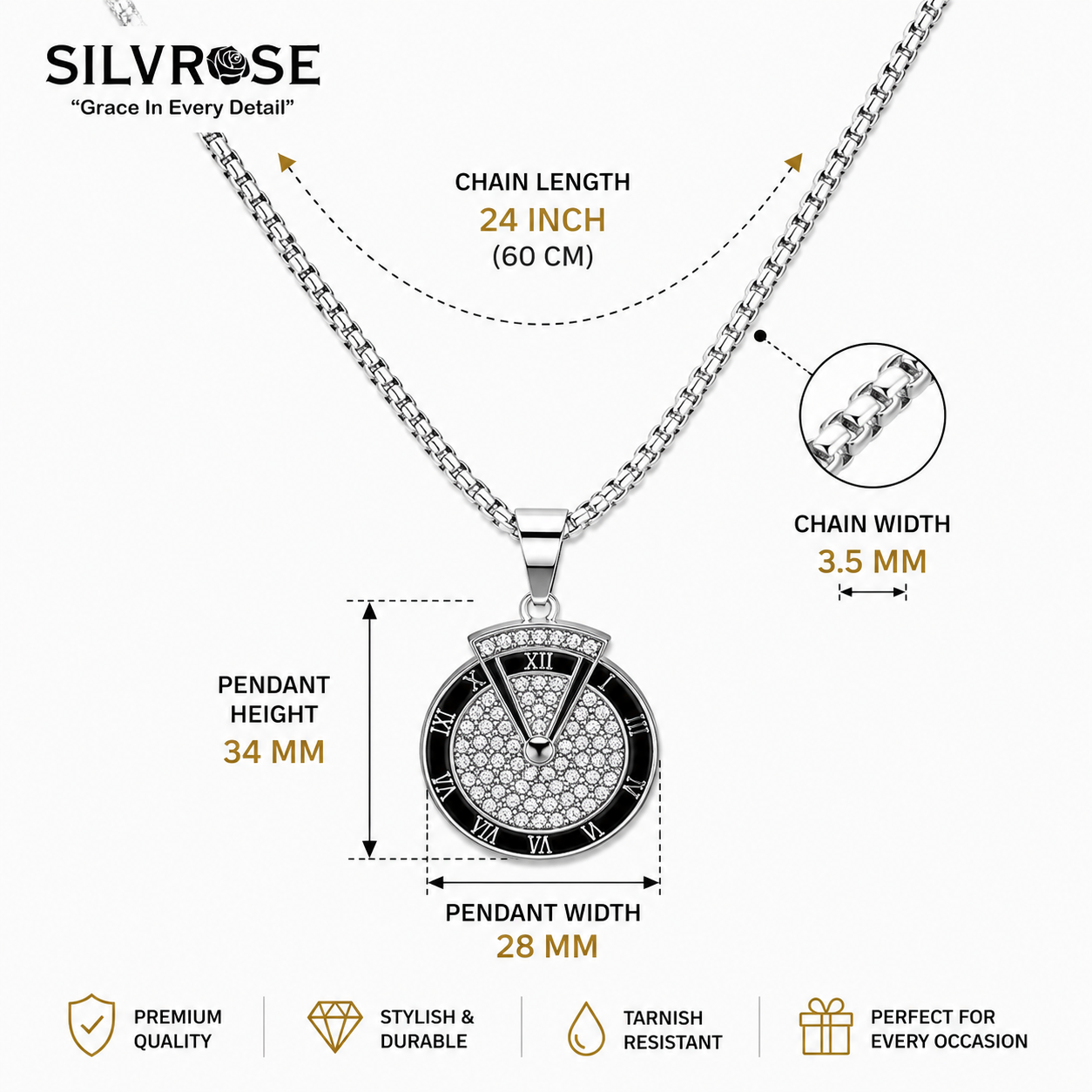 SILVROSE Men's Roman Numeral Crystal Pendant Necklace | Premium Silver Plated Round Pendant with Box Chain | Stylish Fashion Jewellery for Men & Boys | Gift for Birthday, Anniversary & Daily Wear