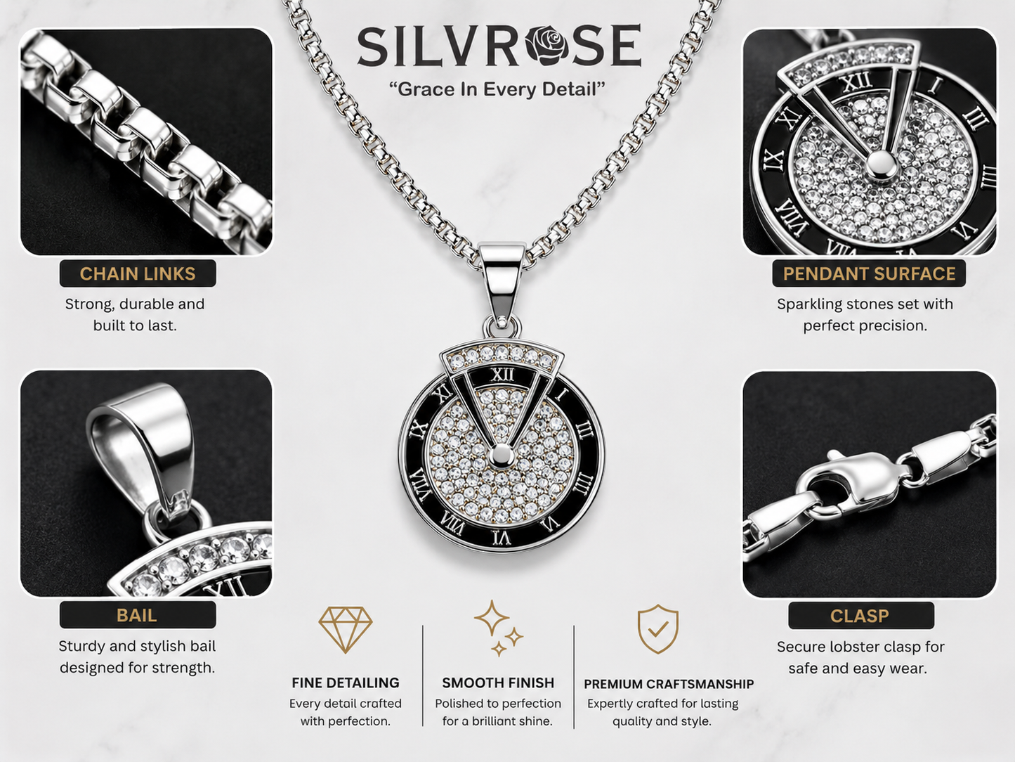 SILVROSE Men's Roman Numeral Crystal Pendant Necklace | Premium Silver Plated Round Pendant with Box Chain | Stylish Fashion Jewellery for Men & Boys | Gift for Birthday, Anniversary & Daily Wear