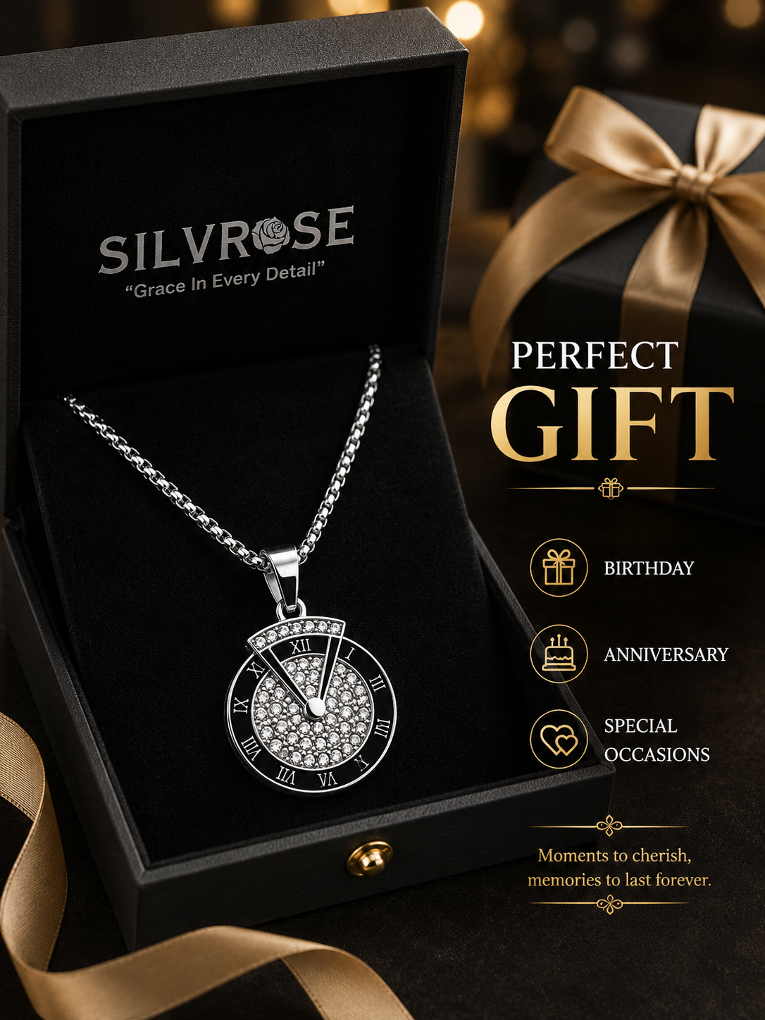 SILVROSE Men's Roman Numeral Crystal Pendant Necklace | Premium Silver Plated Round Pendant with Box Chain | Stylish Fashion Jewellery for Men & Boys | Gift for Birthday, Anniversary & Daily Wear